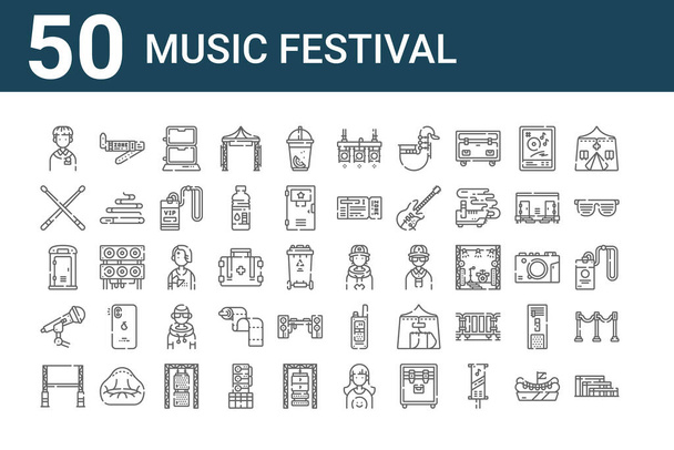sada 50 ikon hudebního festivalu. obrys tenké čáry ikony, jako je hlavní stojan, velká obrazovka, mikrofon, WC, buben, náramek, hudba, jeviště, hudba, vysílačka - Vektor, obrázek
