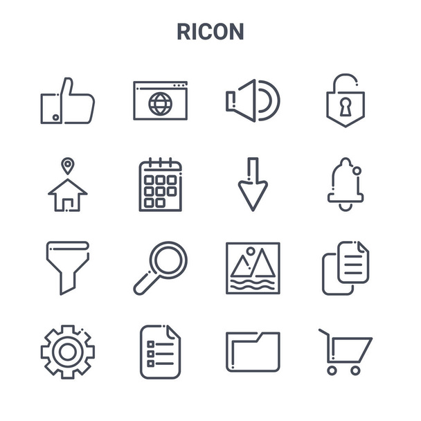 set di 16 icone della linea vettoriale del concetto di ricon. 64x64 icone a tratto sottile come sito web, indirizzo, campanello di notifica, immagine, da fare elenco, carrello, cartella, freccia giù, sbloccato - Vettoriali, immagini