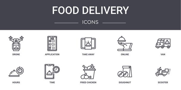 set de iconos de línea de concepto de entrega de alimentos. contiene iconos utilizables para web, logotipo, ui / ux como aplicación, en línea, horas, pollo frito, donut, scooter, furgoneta, llevar
 - Vector, imagen