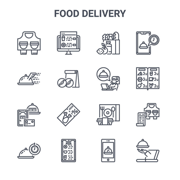 sada 16 koncepce dodávky potravin vektorové čáry ikony. 64x64 tenké ikony mrtvice, jako jsou webové stránky, zásobník, menu, doručovací box, aplikace, on-line, propagace, jídlo, čas - Vektor, obrázek