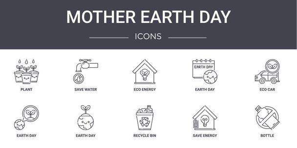 Η μητέρα γη ημέρα έννοια εικονίδια γραμμή που. περιέχει εικόνες που μπορούν να χρησιμοποιηθούν για web, λογότυπο, ui / ux, όπως η εξοικονόμηση νερού, ημέρα της γης, ημέρα της γης, κάδο ανακύκλωσης, εκτός από την ενέργεια, μπουκάλι, οικολογικό αυτοκίνητο, οικολογική ενέργεια - Διάνυσμα, εικόνα
