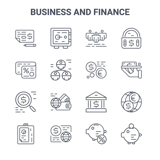 conjunto de 16 iconos de línea de vectores de concepto de negocio y finanzas. 64x64 iconos de trazo delgado como caja fuerte, impuestos, pago en efectivo, banco, flujo de dinero, alcancía, depósito, mercado, confidencialidad
 - Vector, Imagen