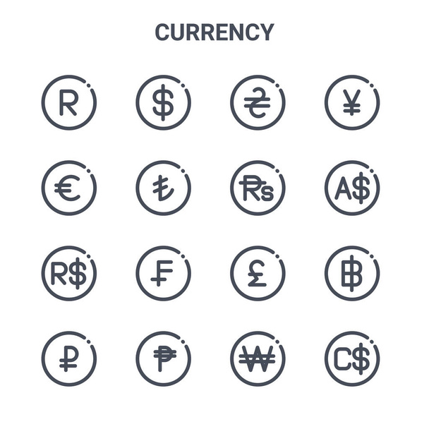 set of 16 currency concept vector line icons. 64x64 thin stroke icons such as dollar, euro, dollar, pound, cuba, dollar, won, rupee, chinese yuan - Vector, Image