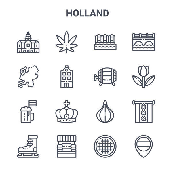 set van 16 holland concept vector lijn pictogrammen. 64x64 dunne beroerte iconen zoals marihuana, kaarten, tulp, tulp, kaasmarkt, holland, stroopwafel, bier, kanaal - Vector, afbeelding