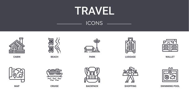 reis concept lijn pictogrammen ingesteld. bevat pictogrammen bruikbaar voor web, logo, ui / ux zoals strand, bagage, kaart, rugzak, winkelen, zwembad, portemonnee, park - Vector, afbeelding