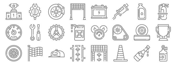 auto racing line icons. linear set. quality vector line set such as oxygen tank, traffic cone, pit stop, wheel, wheel, gear, fire extinguisher, battery, engineering - Vector, Image