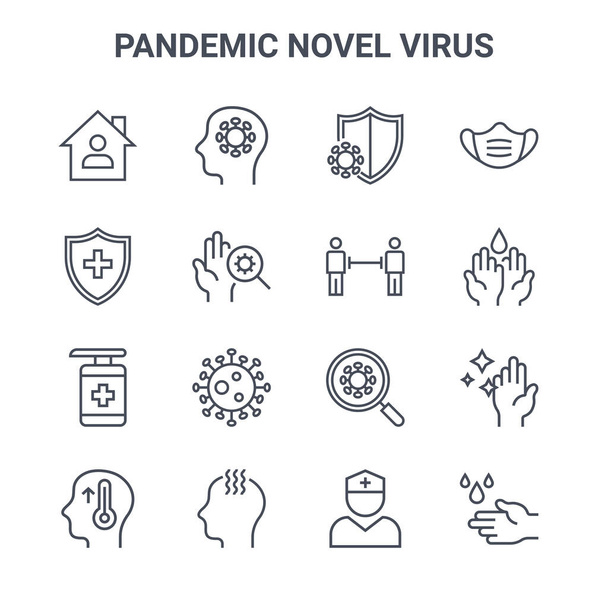 16 pandémiás új vírus koncepció vektor vonal ikonok. 64x64 vékony stroke ikonok, mint a koronavírus, keresztpajzs, kézmosás, vírus keresés, láz, kézmosás, nővér, távolság, arc maszk - Vektor, kép