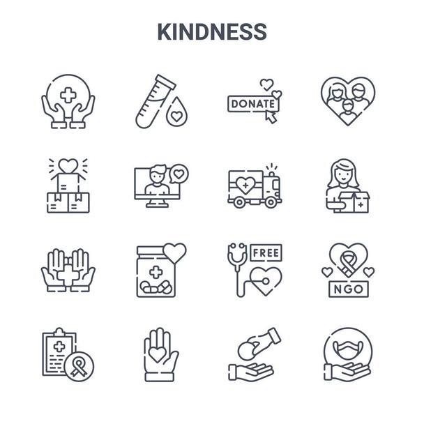 set of 16 kindness concept vector line icons. 64x64 thin stroke icons such as test tube, donation, donors, medical check, give heart, medical mask, generous, delivery truck, family - Vector, Image