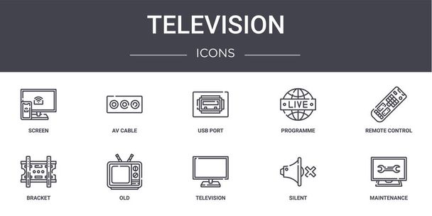 Televizyon konsepti simgeleri ayarlandı. Ağ, logo, av kablosu, program, braket, televizyon, sessizlik, bakım, uzaktan kumanda, usb portu gibi simgeler içerir - Vektör, Görsel