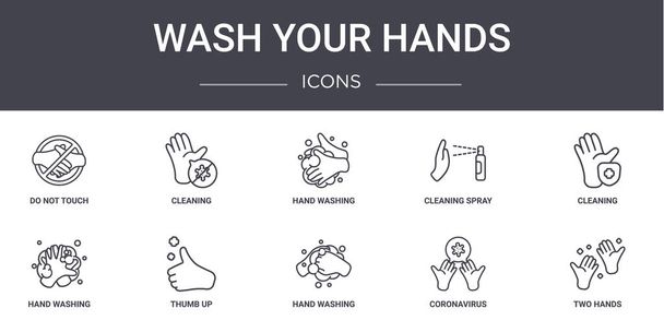 lavarse las manos conjunto de iconos de línea concepto. contiene iconos utilizables para la web, logotipo, ui / ux tales como limpieza, spray de limpieza, lavado de manos, lavado de manos, coronavirus, dos manos, limpieza, lavado de manos
 - Vector, imagen