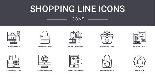 icônes de ligne de shopping concept icônes de ligne ensemble. contient des icônes utilisables pour le web, logo, ui / ux tels que le panier, ajouter au panier, caisse enregistreuse, banque mobile, panier, rétroaction, chat mobile, banque - Vecteur, image