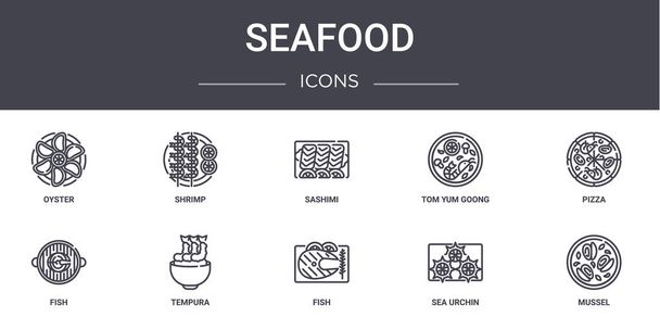 vis concept lijn pictogrammen ingesteld. bevat pictogrammen bruikbaar voor web, logo, ui / ux zoals garnalen, tom yum goong, vis, vis, zee-egel, mossel, pizza, sashimi - Vector, afbeelding