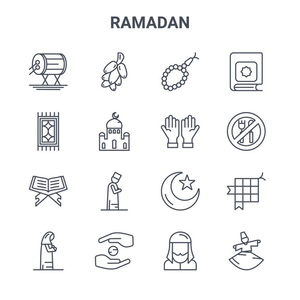 joukko 16 ramadan käsite vektori linja kuvakkeet. 64x64 ohut aivohalvaus kuvakkeet kuten päivämäärä palmu, matto, paasto, kuunsirppi, almuja, tanssi, muslimi, rukoilee, Koraani - Vektori, kuva