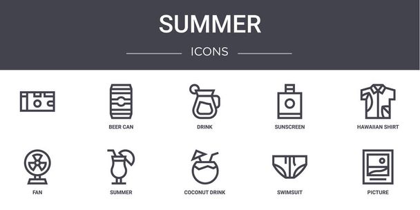 Nyári koncepció vonal ikonok beállítva. tartalmaz ikonok használható web, logó, ui / ux, mint a sörösdoboz, fényvédő, ventilátor, kókuszos ital, fürdőruha, kép, hawaii ing, ital - Vektor, kép
