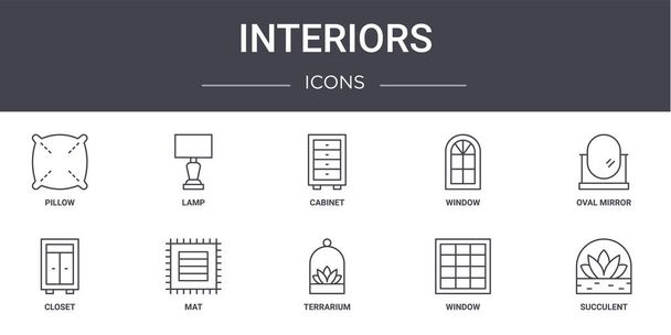 interiors concept line icons set. contains icons usable for web, logo, ui/ux such as lamp, window, closet, terrarium, window, succulent, oval mirror, cabinet - Vector, Image