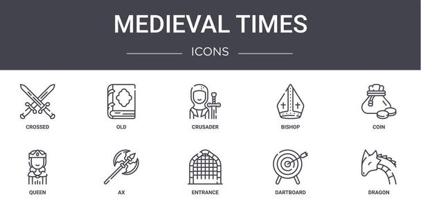 époque médiévale concept ligne icônes ensemble. contient des icônes utilisables pour le web, logo, ui / ux tels que vieux, évêque, reine, entrée, jeu de fléchettes, dragon, pièce, croiseur - Vecteur, image