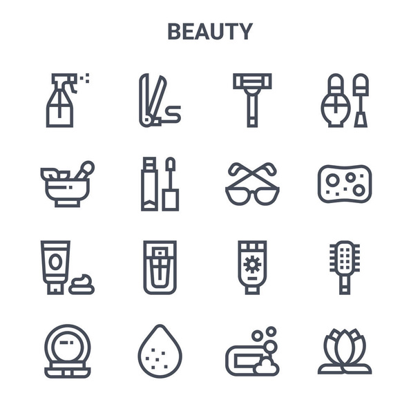 zestaw 16 ikon linii wektorowej koncepcji piękna. 64x64 cienkie ikony udaru, takie jak ziołowe, gąbka, krem do opalania, gąbka, lotos, mydło, okulary, lakier do paznokci - Wektor, obraz