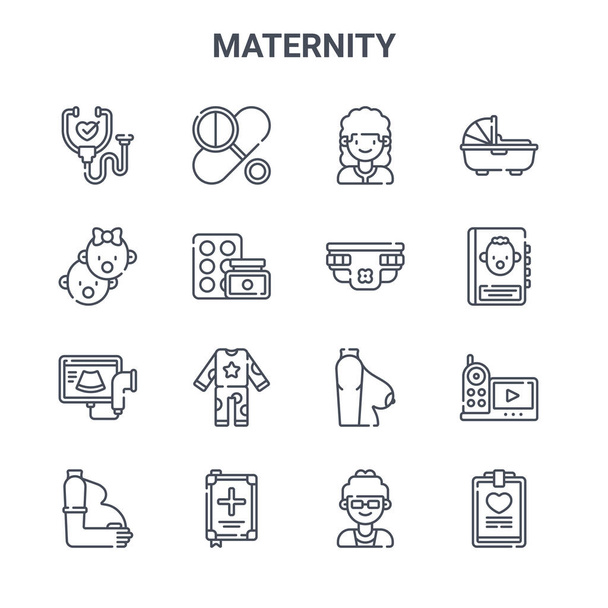 set van 16 moederschap concept vector lijn pictogrammen. 64x64 dunne beroerte pictogrammen zoals pillen, baby 's, handboek, borst, medische controle, gezondheidsrapport, arts, luier, wieg - Vector, afbeelding