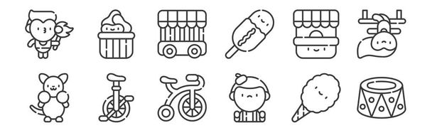 12 наборов линейных цирковых икон. тонкие контуры иконки, такие как платформа, мим, моноцикл, кассы, тюрьма, арахис для веб, мобильный
 - Вектор,изображение