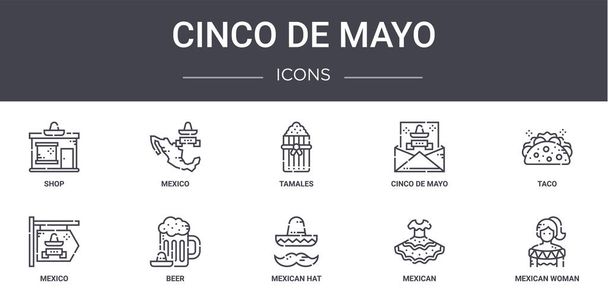 cinco de Mayoのコンセプトラインアイコンセット。メキシコ、メキシコ、メキシコ、メキシコの帽子、メキシコ、メキシコの女性、タコ、タマレスなどのウェブ、ロゴ、 ui/uxに使用できるアイコンが含まれています - ベクター画像