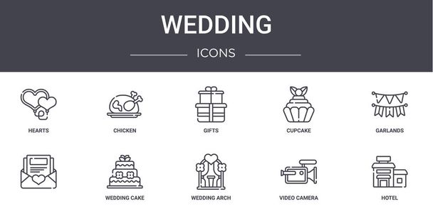 набір іконок весільної концепції. містить іконки, які можна використовувати для Інтернету, логотипу, Ui/ux, такі як курка, кекс, весільна арка, відеокамера, готель, гірлянди, подарунки
 - Вектор, зображення