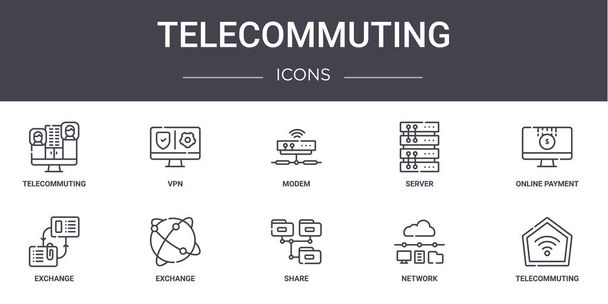Conjunto de iconos de línea de concepto de teletrabajo. contiene iconos utilizables para web, logotipo, ui / ux como vpn, servidor, intercambio, compartir, red, teletrabajo, pago en línea, módem
 - Vector, imagen
