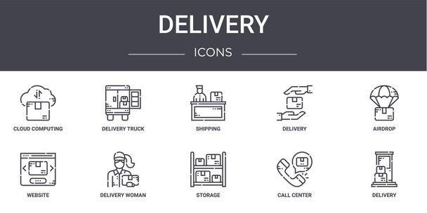 concept de livraison ligne icônes ensemble. contient des icônes utilisables pour le web, logo, ui / ux tels que camion de livraison, livraison, site Web, stockage, centre d'appels, largage aérien, expédition - Vecteur, image