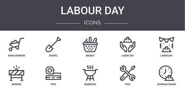 労働日の概念線のアイコンが設定されます。ウェブ、ロゴ、シャベル、労働者の日、障壁、バーベキュー、ツール、労働時間、労働時間、バスケットなどのui/uxに使用できるアイコンが含まれています - ベクター画像