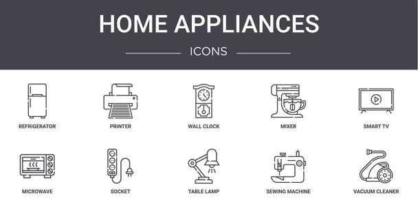 appareils ménagers concept ligne icônes ensemble. contient des icônes utilisables pour le web, logo, ui / ux tels que imprimante, mélangeur, micro-ondes, lampe de table, machine à coudre, aspirateur, smart tv, horloge murale - Vecteur, image