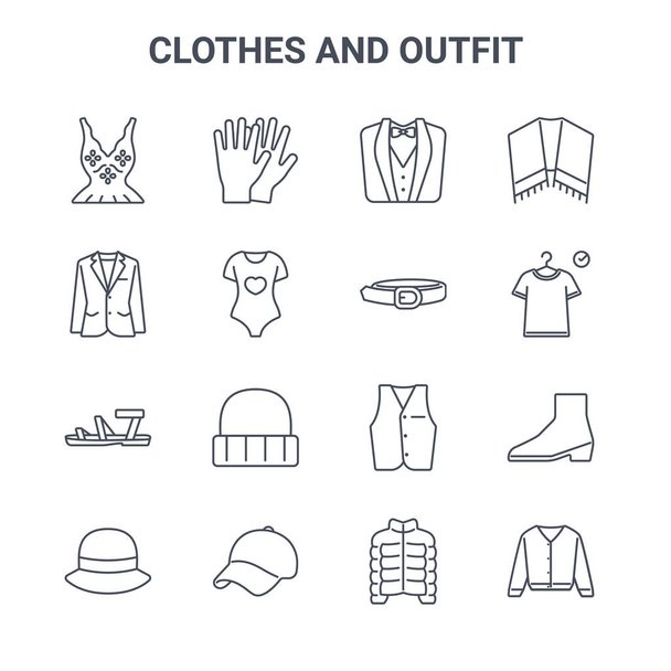 készlet 16 ruhák és ruha koncepció vektor vonal ikonok. 64x64 vékony vonalú ikonok, mint a kesztyű, blézer, öltöző, mellény, sapka, kardigán, kabát, öv, kendő - Vektor, kép