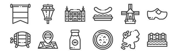 12 set of linear holland icons. thin outline icons such as bloemenmarkt, beschuit met muisjes, maps, windmill, ba, street lights for web, mobile - Vector, Image
