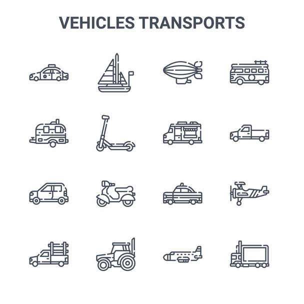 набір з 16 транспортних засобів транспортує концептуальні векторні лінії піктограм. 64x64 тонкі значки ходу, такі як вітрильник, кемперван, підібрати вантажівку, таксі, трактор, вантажівка доставки, літак, харчова машина, фургон
 - Вектор, зображення