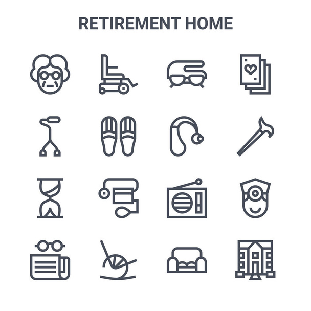 conjunto de 16 iconos de línea de vector de concepto de hogar de jubilación. 64x64 iconos de trazo delgado como silla de ruedas, bastón, bastón, radio, mecedora, casa de retiro, sofá, audífono, jugar a las cartas
 - Vector, Imagen