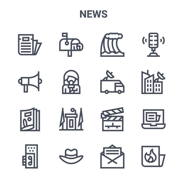 conjunto de 16 iconos de línea vectorial concepto de noticias. 64x64 iconos de trazo delgado como buzón, propaganda, radiodifusión, clapperboard, sombrero fedora, caliente, carta, coche, micrófono
 - Vector, Imagen