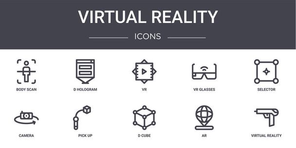 icônes de ligne de concept de réalité virtuelle ensemble. contient des icônes utilisables pour le web, logo, ui / ux tels que d hologramme, lunettes vr, appareil photo, d cube, ar, réalité virtuelle, sélecteur, vr - Vecteur, image