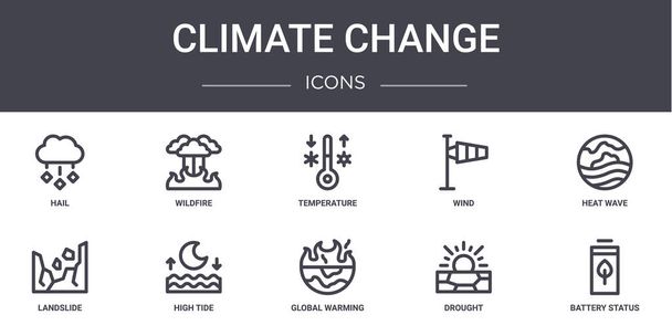 climate change concept line icons set. contains icons usable for web, logo, ui/ux such as wildfire, wind, landslide, global warming, drought, battery status, heat wave, temperature - Vector, Image