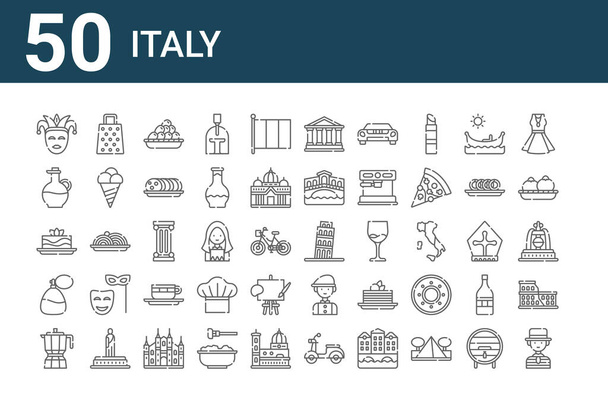 Set von 50 italienischen Ikonen. umreißen dünne Linien Symbole wie Gondoliere, Kaffeekanne, Parfüm, Lasagne, Olivenöl, Käsereibe,, Rom, Säule, Mann - Vektor, Bild