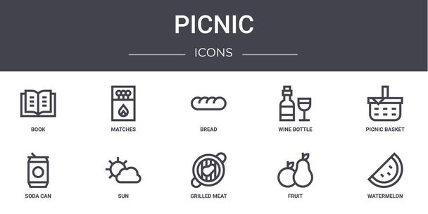 ピクニックのコンセプトラインのアイコンセット。ウェブ、ロゴ、マッチ、ワインボトル、ソーダ缶、グリル肉、フルーツ、スイカ、ピクニックバスケット、パンなどのui/uxに使用できるアイコンが含まれています - ベクター画像