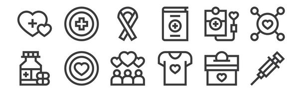 12 liniowych ikon charytatywnych. cienki zarys ikon, takich jak szczepionka, kobieta, dawstwo, transfuzja krwi, wstążka, darowizna na sieć, mobilne - Wektor, obraz