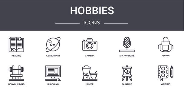 hobbies concept ligne icônes ensemble. contient des icônes utilisables pour le web, logo, ui / ux tels que l'astronomie, microphone, culturisme, presse-agrumes, peinture, écriture, tablier, appareil photo - Vecteur, image