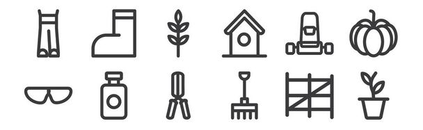 12 ensembles d'icônes d'équipement d'aménagement paysager linéaire. icônes de contour minces telles que pot de plante, râteau, insecticide, tondeuse à gazon, orge, botte de gomme pour toile, mobile - Vecteur, image