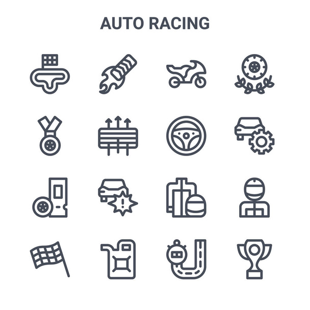 set van 16 auto racing concept vector lijn pictogrammen. 64x64 dunne slag pictogrammen zoals versnellen, medaille, reparatie, beschermende versnelling, brandstof, trofee, racebaan, stuurwiel, winnaar - Vector, afbeelding