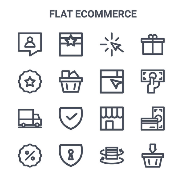 zestaw 16 płaskich ikon wektorowych koncepcji e-commerce. 64x64 cienkie ikony suwowe, takie jak Kup, najlepszy produkt, pieniądze, sklep internetowy, zamek, dodaj do koszyka, zwrot, wyszukiwanie, prezent - Wektor, obraz