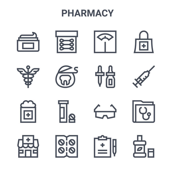 set of 16 pharmacy concept vector line icons. 64x64 thin stroke icons such as cotton buds, caduceus, syringe, safety glasses, pills, mouthwash, prescription, ear dropper, shopping bag - Vector, Image
