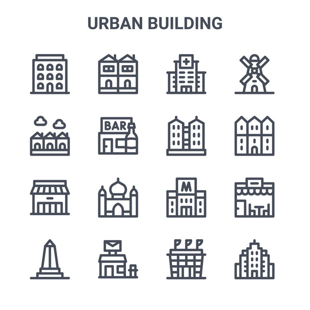 set of 16 urban building concept vector line icons. 64x64 thin stroke icons such as terraced house, houses, building, metro station, post office, buildings, stadium, tower, windmill - Vector, Image