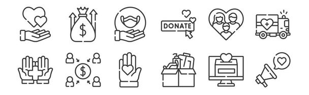 12 sad lineárních ikon laskavosti. tenké obrysy ikony jako megafon, lékařství, crowdfunding, rodina, lékařská maska, fundraising pro web, mobilní - Vektor, obrázek
