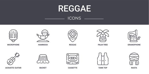 Conjunto de iconos de línea de concepto reggae. contiene iconos utilizables para la tela, logotipo, ui / ux como hamaca, palmera, guitarra acústica, casete, camiseta, rasta, gramófono, reggae
 - Vector, imagen