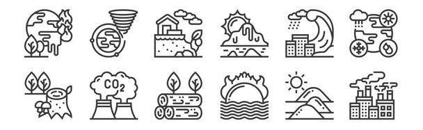 12 set of linear climate change icons. thin outline icons such as air pollution, warning, carbon dioxide, tsunami, landslide, storms for web, mobile - Vector, Image