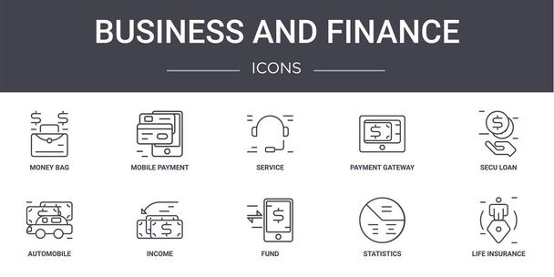 üzleti és pénzügyi koncepció vonal ikonok beállítva. tartalmaz ikonok használható web, logó, ui / ux, mint például a mobil fizetés, fizetési átjáró, autó, alap, statisztika, életbiztosítás, szeku hitel, szolgáltatás - Vektor, kép