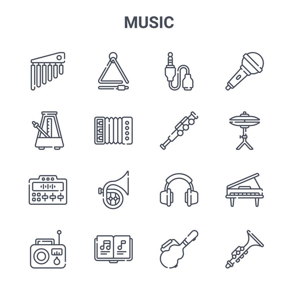 set of 16 music concept vector line icons. 64x64 thin stroke icons such as triangle, metronome, cymbals, headphones, musical note, clarinet, guitar case, flute, microphone - Vettoriali, immagini